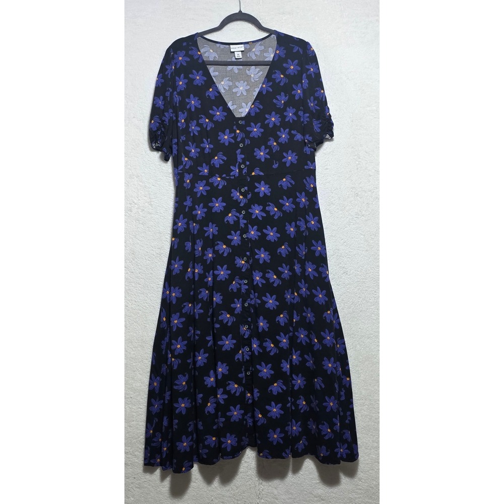 Ava & Viv Women's XXL Black Blue Floral Button Front V-Neck Midi Tea Dress